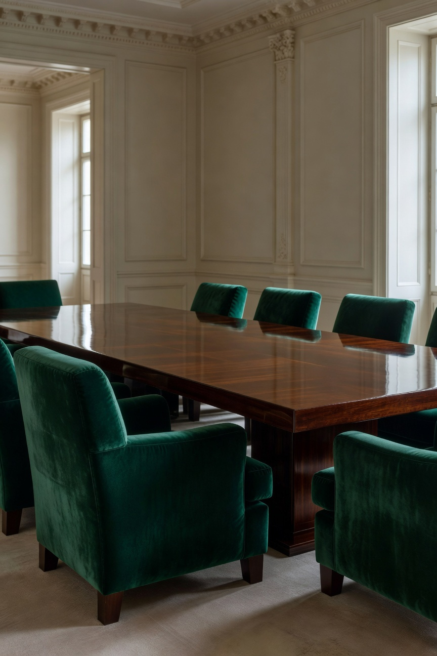 A luxurious dining room featuring a polished mahogany dining room table surrounded by bold emerald green upholstered chairs.