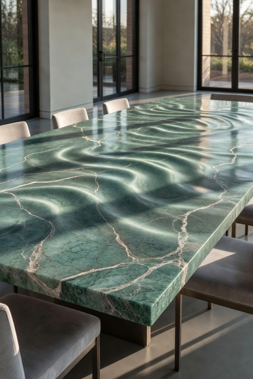 A luxury dining room featuring a large dining room table made of green Verde Marina marble with silver veins and a leathered finish.