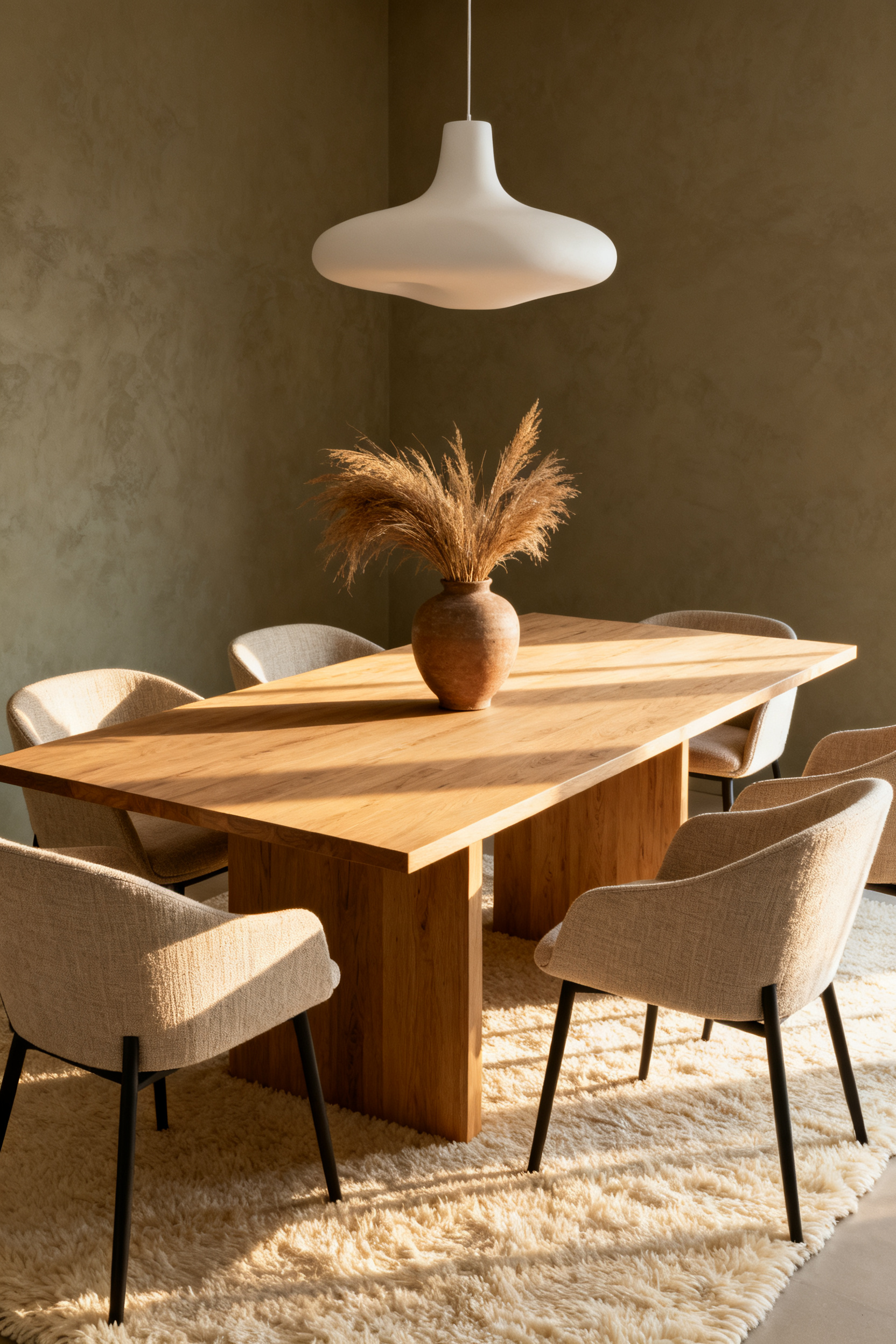 Minimalist dining room with greige walls and an oak table, highlighting a warm, sophisticated and cozy design palette.