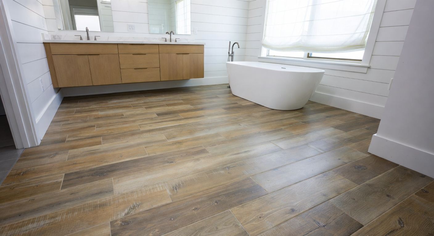 Spacious coastal bathroom floor tiled with realistic weathered gray driftwood-look porcelain leading to a white freestanding soaking tub.