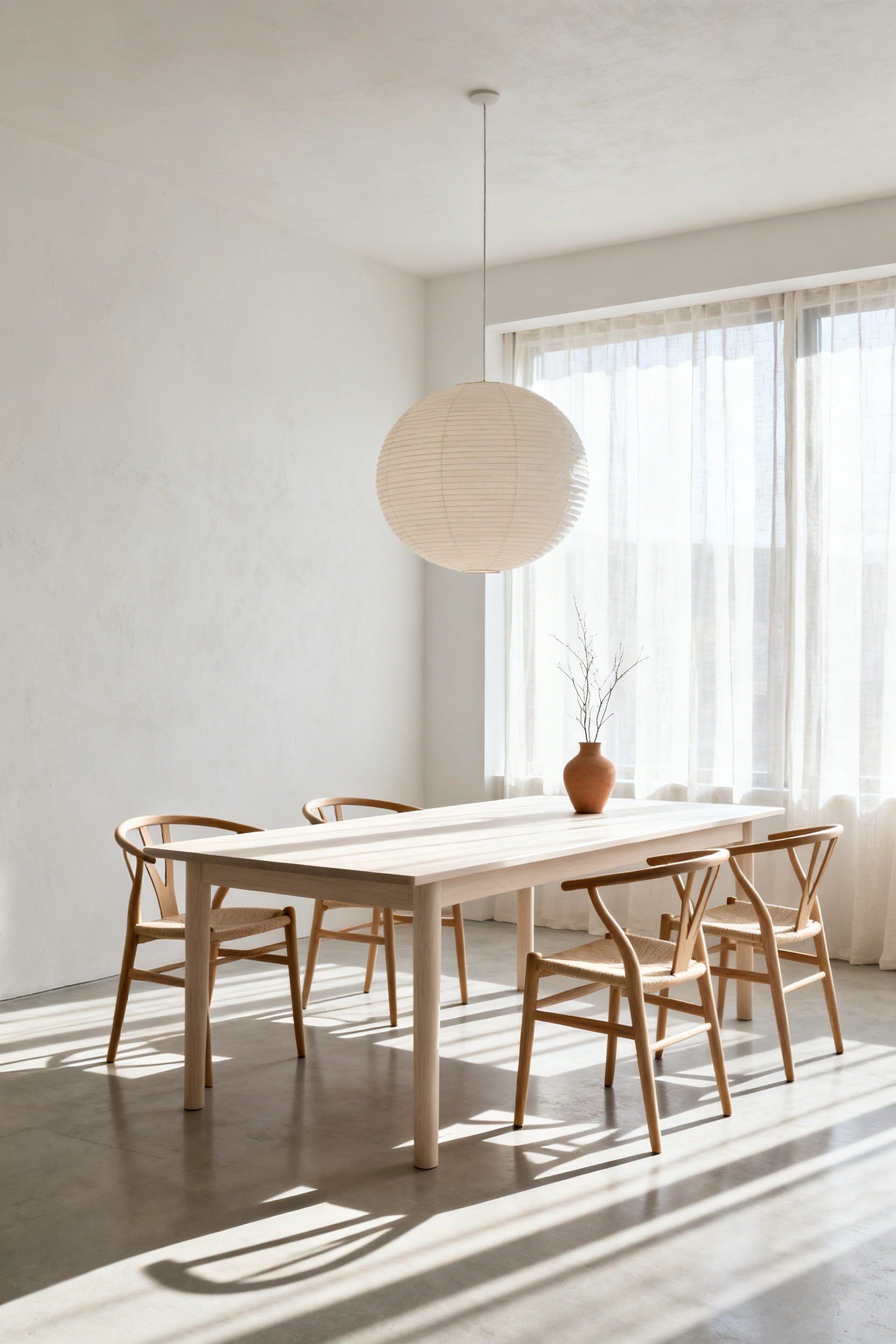A bright, modern dining room featuring six natural ash Wishbone CH24 chairs around a white oak table, showcasing Danish and Japandi minimalist design elements.