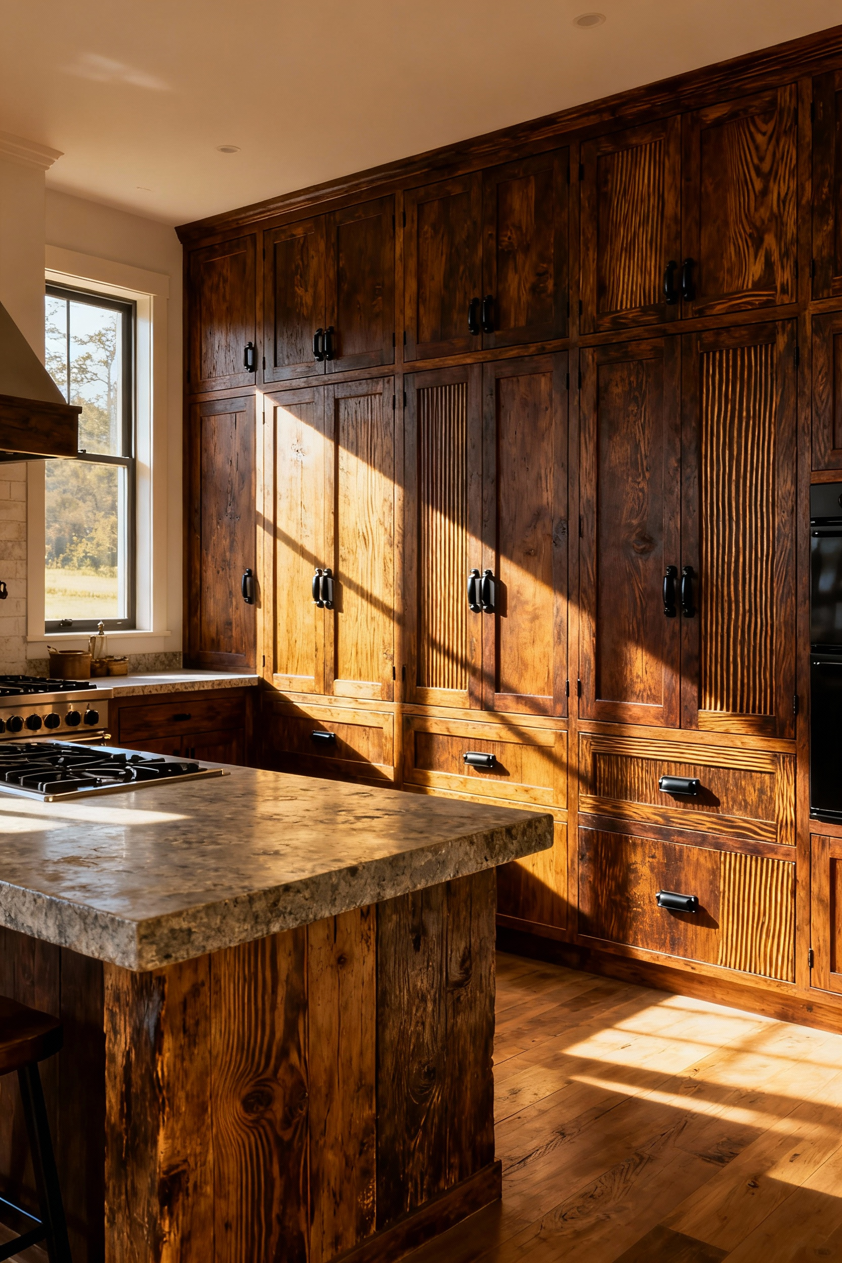 Rustic kitchen cabinets with a pronounced wire-brushed finish under directional lighting that highlights the raised, linear wood grain texture.