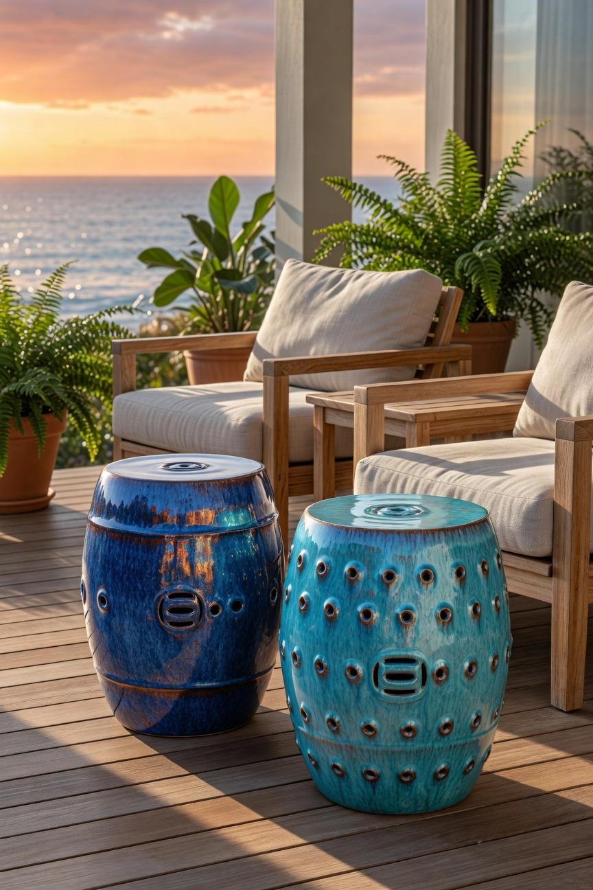 Artisanal ceramic garden stools in shades of ocean blue and turquoise arranged on a high-end wooden porch with stylish furniture.