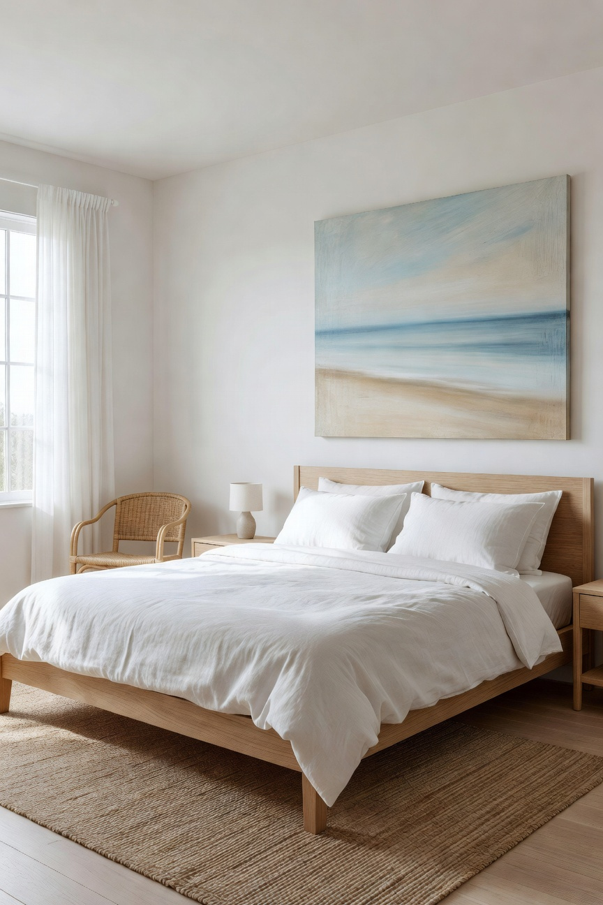 A serene coastal bedroom featuring a large abstract horizon painting above a bed with white linen bedding and natural wood accents.