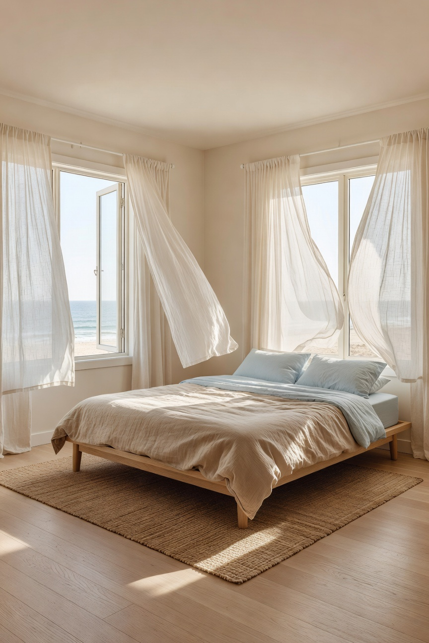 A bright coastal bedroom with open windows and sheer curtains blowing in the wind to demonstrate space planning for cross-breezes.