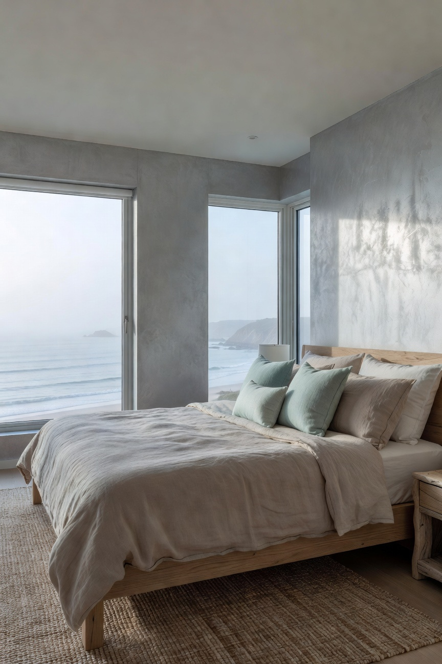 A sophisticated coastal bedroom featuring a morning fog blue-gray color palette with sand-toned linens and seaglass accents under soft diffused light.