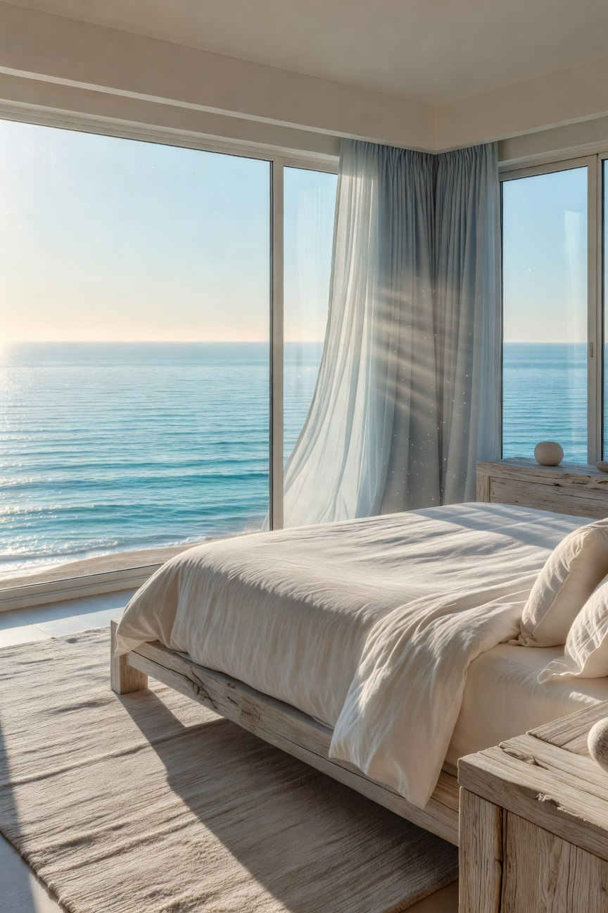 A bright coastal bedroom with floor-to-ceiling windows showcasing visible morning sunbeams and a view of the ocean horizon.