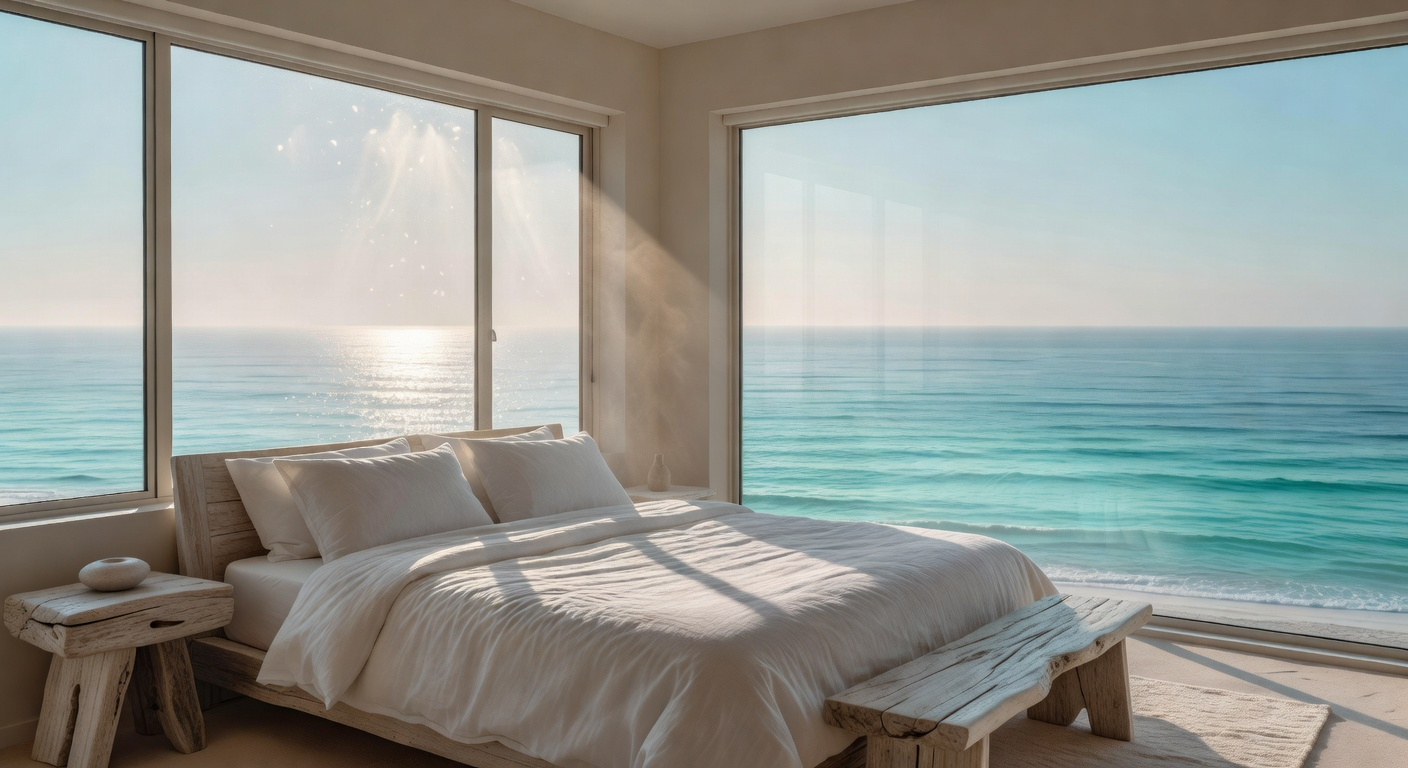 A bright coastal bedroom with floor-to-ceiling windows showcasing visible morning sunbeams and a view of the ocean horizon.