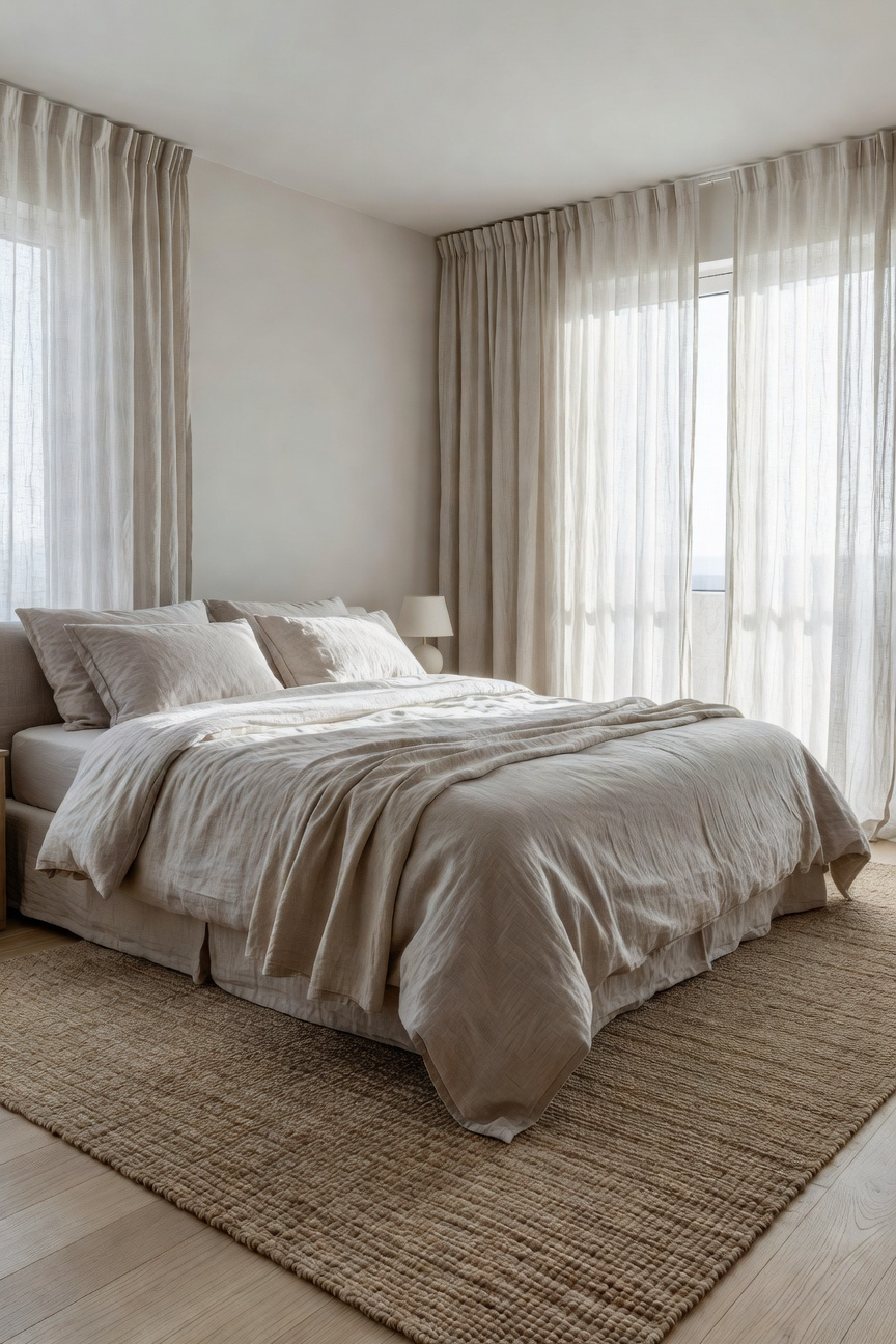 High-end coastal bedroom interior featuring layered linen bedding and a large jute rug under soft morning light.