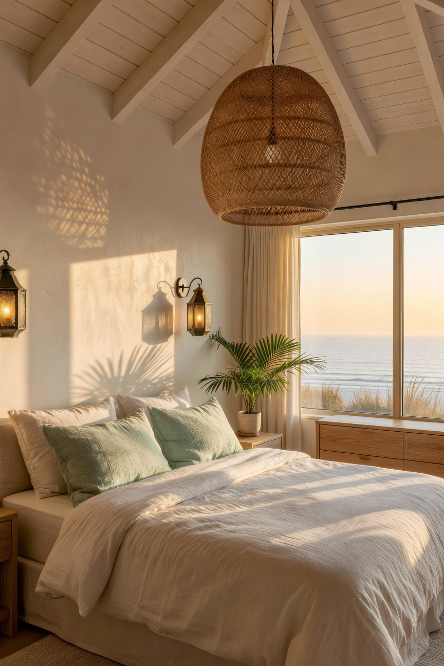 A coastal bedroom with a large woven rattan pendant light and lantern-style sconces highlighting linen bedding and natural wood accents.