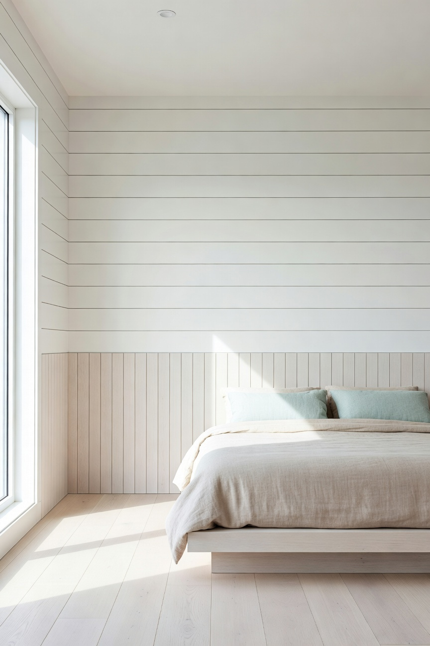 A sophisticated coastal bedroom featuring white nickel-gap shiplap walls, vertical beadboard wainscoting, and large windows with natural light.