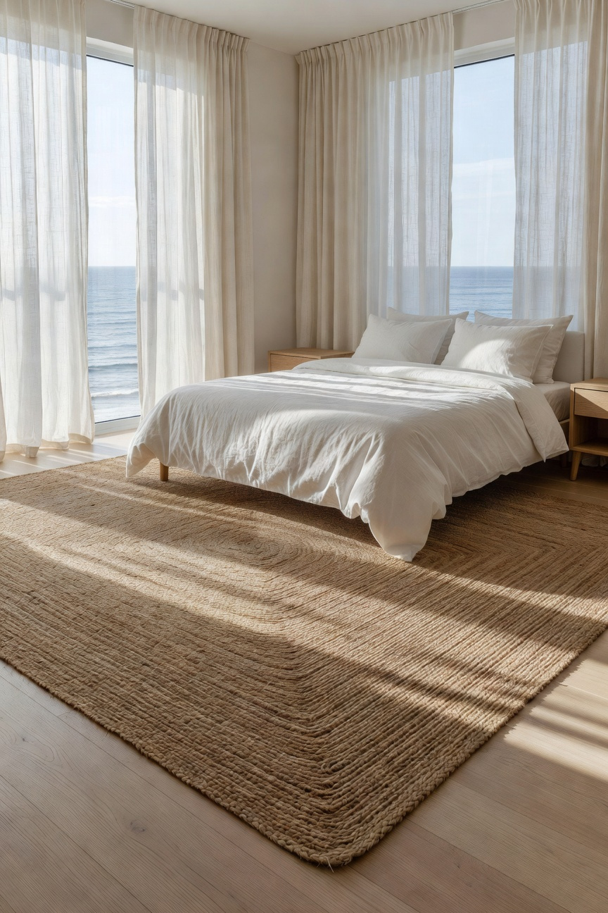 A spacious coastal bedroom featuring a large natural jute rug on light wood floors under soft morning sunlight.