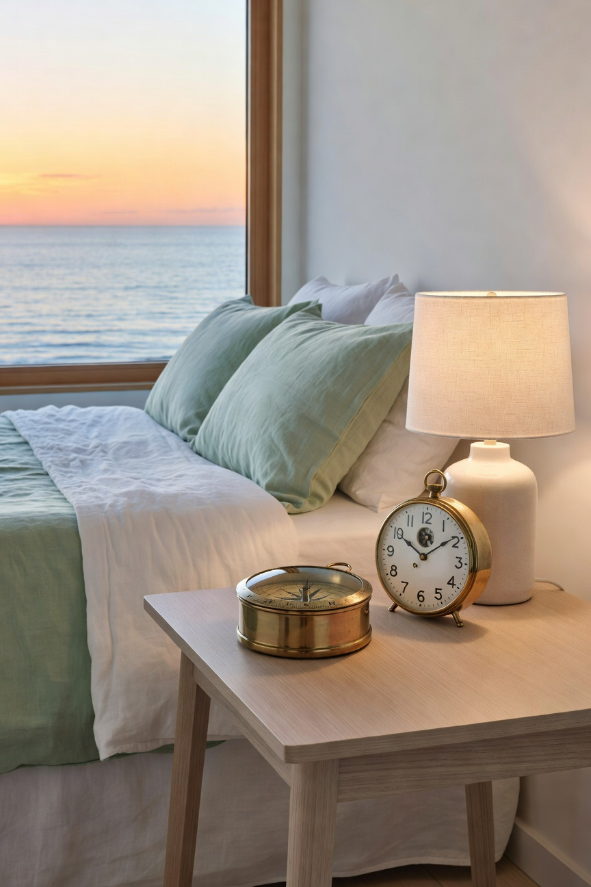 A minimalist coastal bedroom nightstand featuring a vintage brass compass and maritime clock against a backdrop of soft linen bedding and a seaside window view.