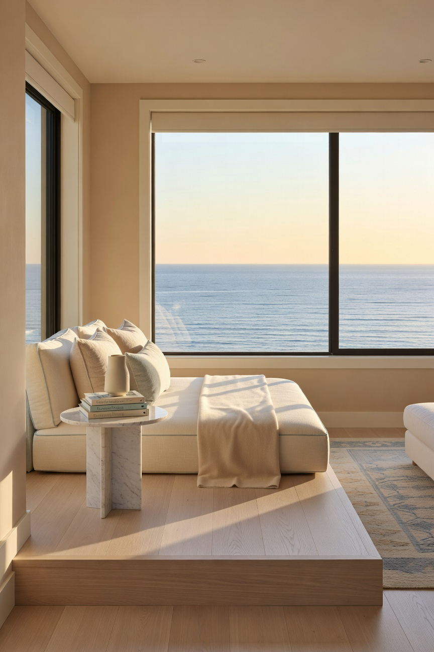 A sophisticated coastal bedroom reading nook featuring an elevated wooden platform and a large window overlooking the ocean horizon.