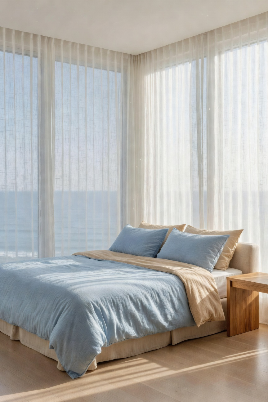 A bright coastal bedroom with white sheer curtains filtering sunlight from the ocean to prevent glare.