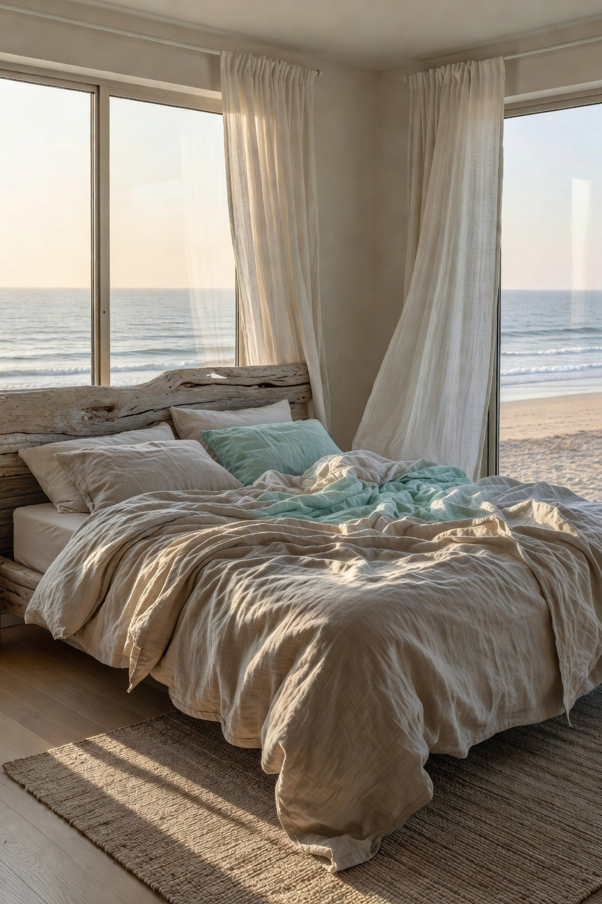 A modern coastal bedroom with an effortlessly rumpled bed made of textured Belgian linen under soft morning sunlight.
