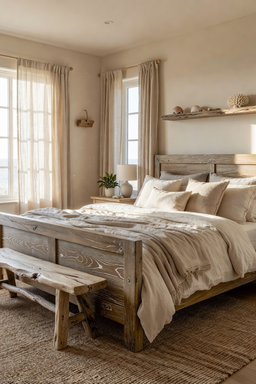 A luxury coastal bedroom featuring a weathered oak bedstead with a white cerused finish and neutral linen bedding.