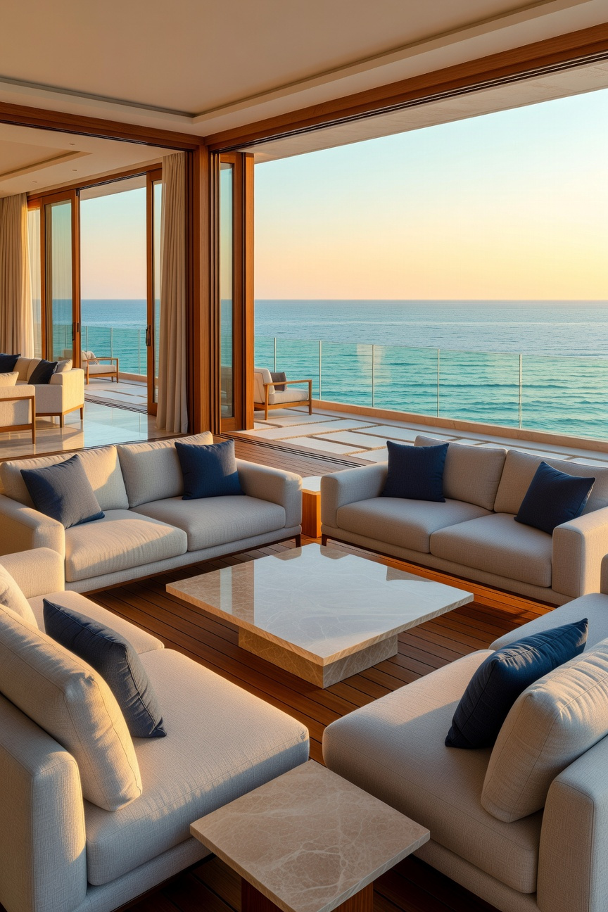Luxurious modular porch furniture on a wide seaside deck with an open transition to the indoor living space and an ocean view.