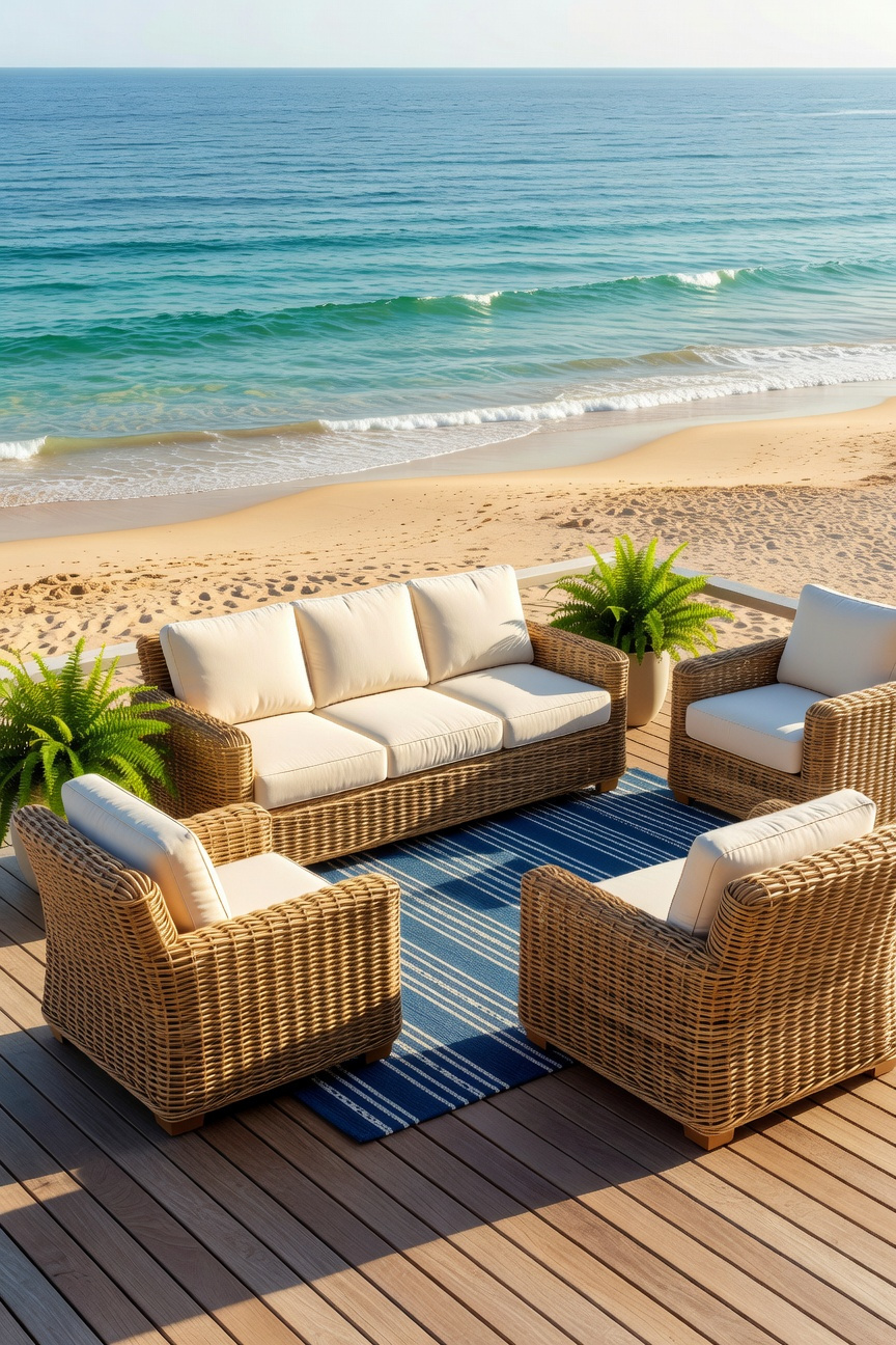 A bright coastal porch overlooking the sea with a set of durable all-weather woven rattan furniture and white cushions.
