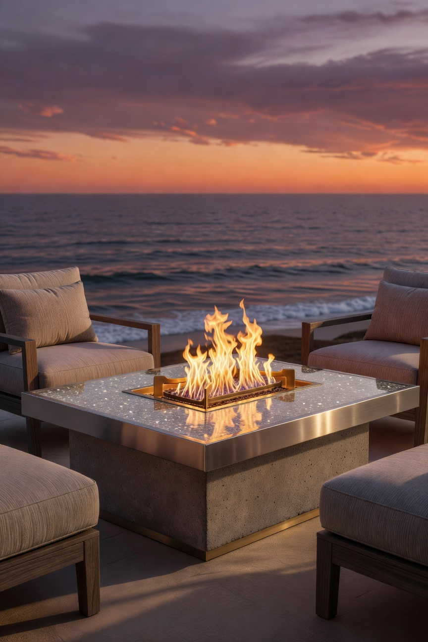 Luxury coastal porch featuring a modern integrated fire table and durable furniture overlooking the ocean at sunset.