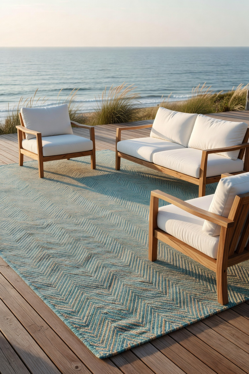 A coastal-themed porch featuring a large blue woven performance rug anchoring a set of teak furniture on a wooden deck.