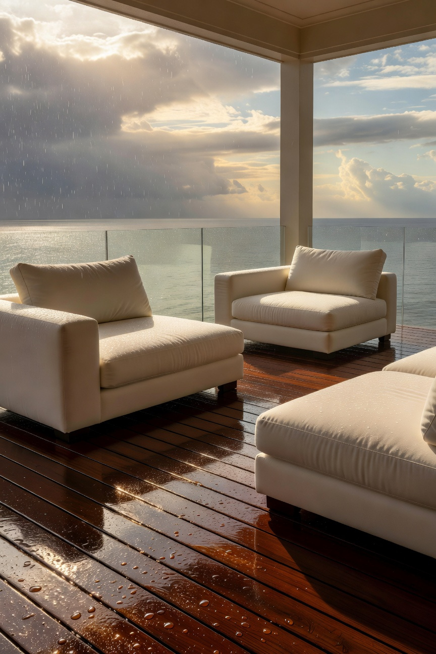 Contemporary coastal porch with modern sectional furniture and white cushions on a rain-slicked wooden deck overlooking the ocean after a storm.