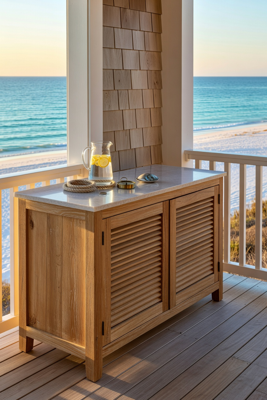 A sophisticated teak outdoor storage console and buffet station on a coastal porch overlooking the ocean.