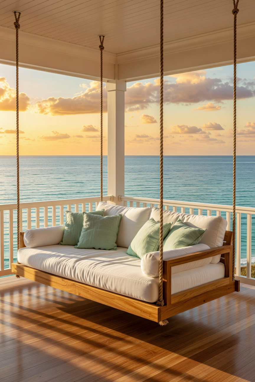 A large contemporary hanging daybed with plush pillows on a coastal porch overlooking the ocean at sunset.