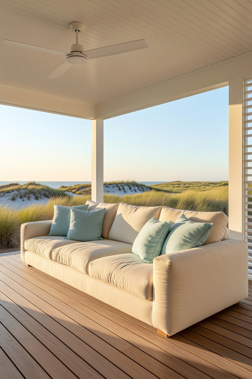 A luxurious deep-seated outdoor sofa with plush cushions on a modern coastal porch overlooking the ocean.