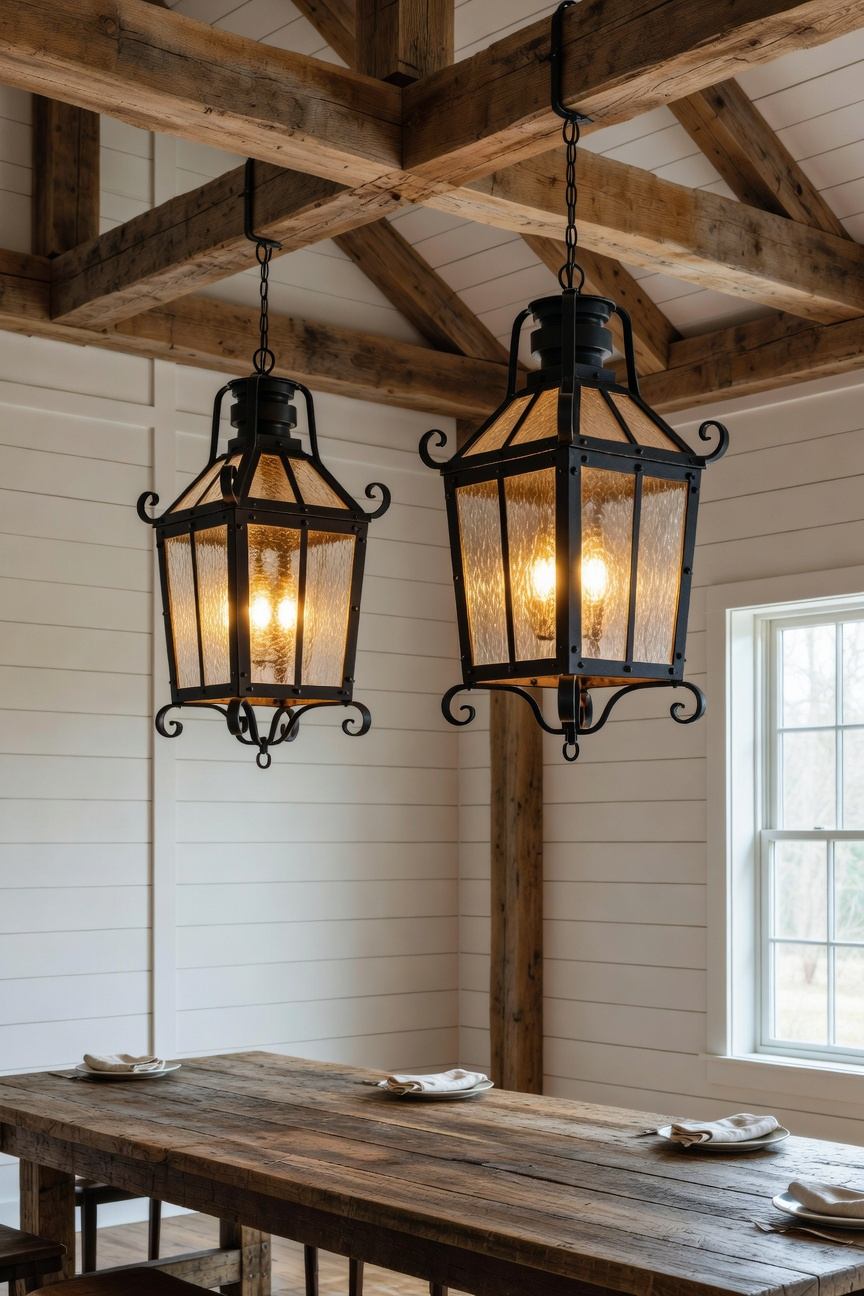 A spacious farmhouse dining room featuring historical carriage lanterns hanging over a rustic wooden table with beamed ceilings.