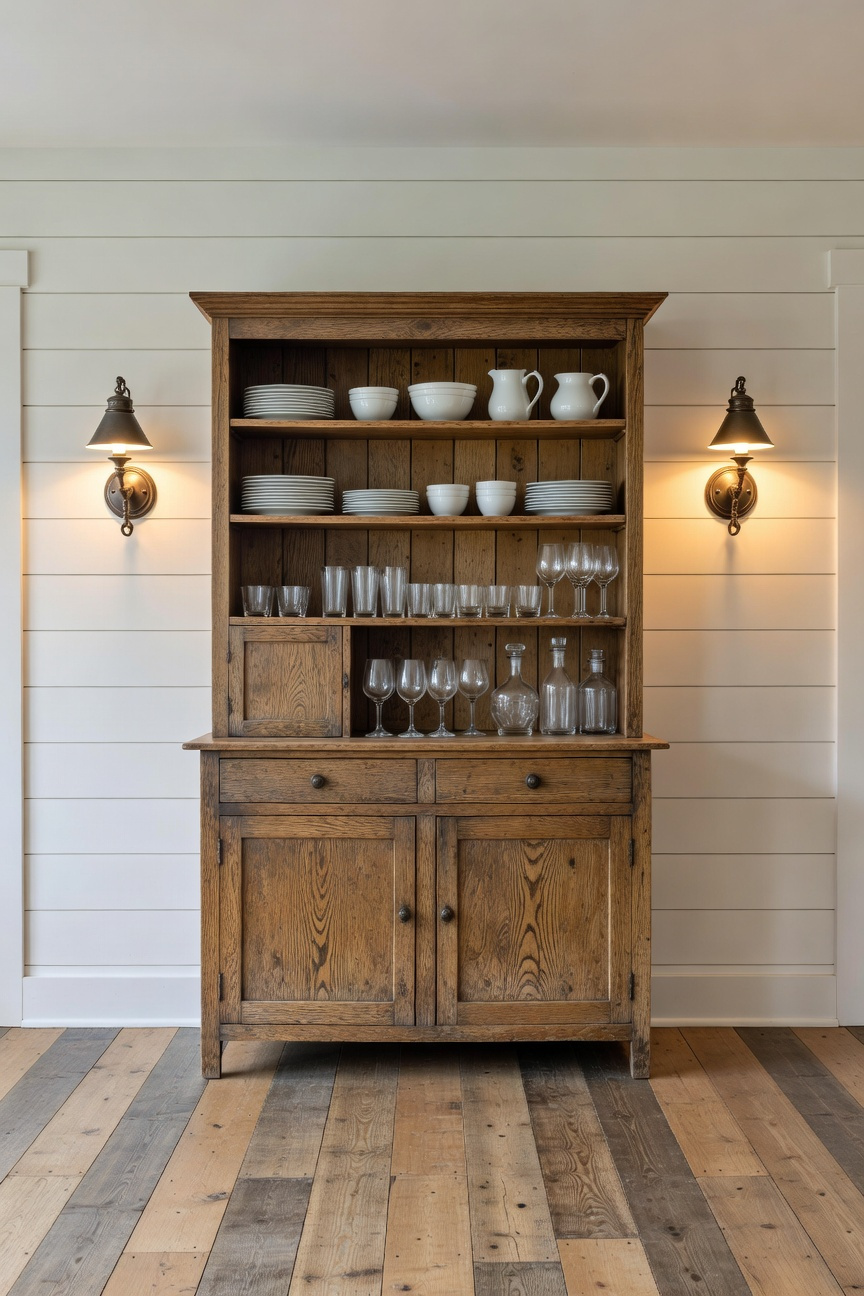Dual heritage sconces framing a vintage wooden hutch in a farmhouse dining room to create a symmetrical focal point.