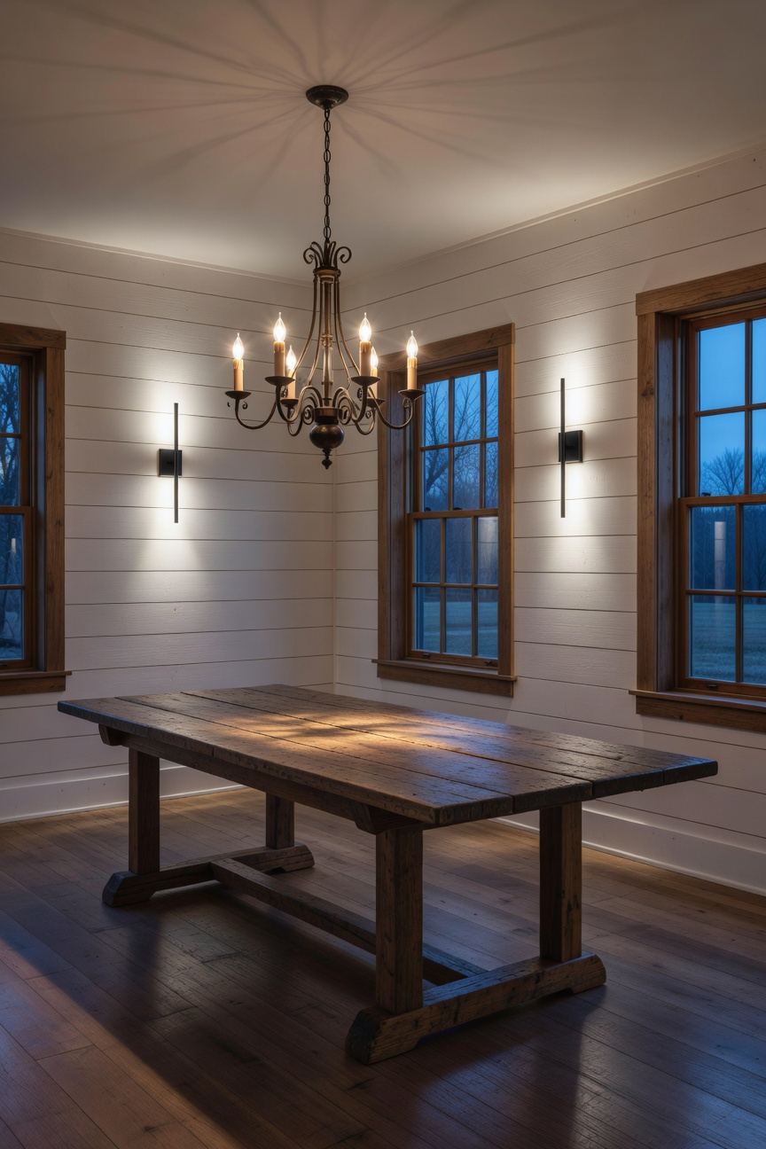 A farmhouse dining room with layered lighting featuring a central chandelier and slim wall sconces grazing a shiplap wall to create depth and shadows.