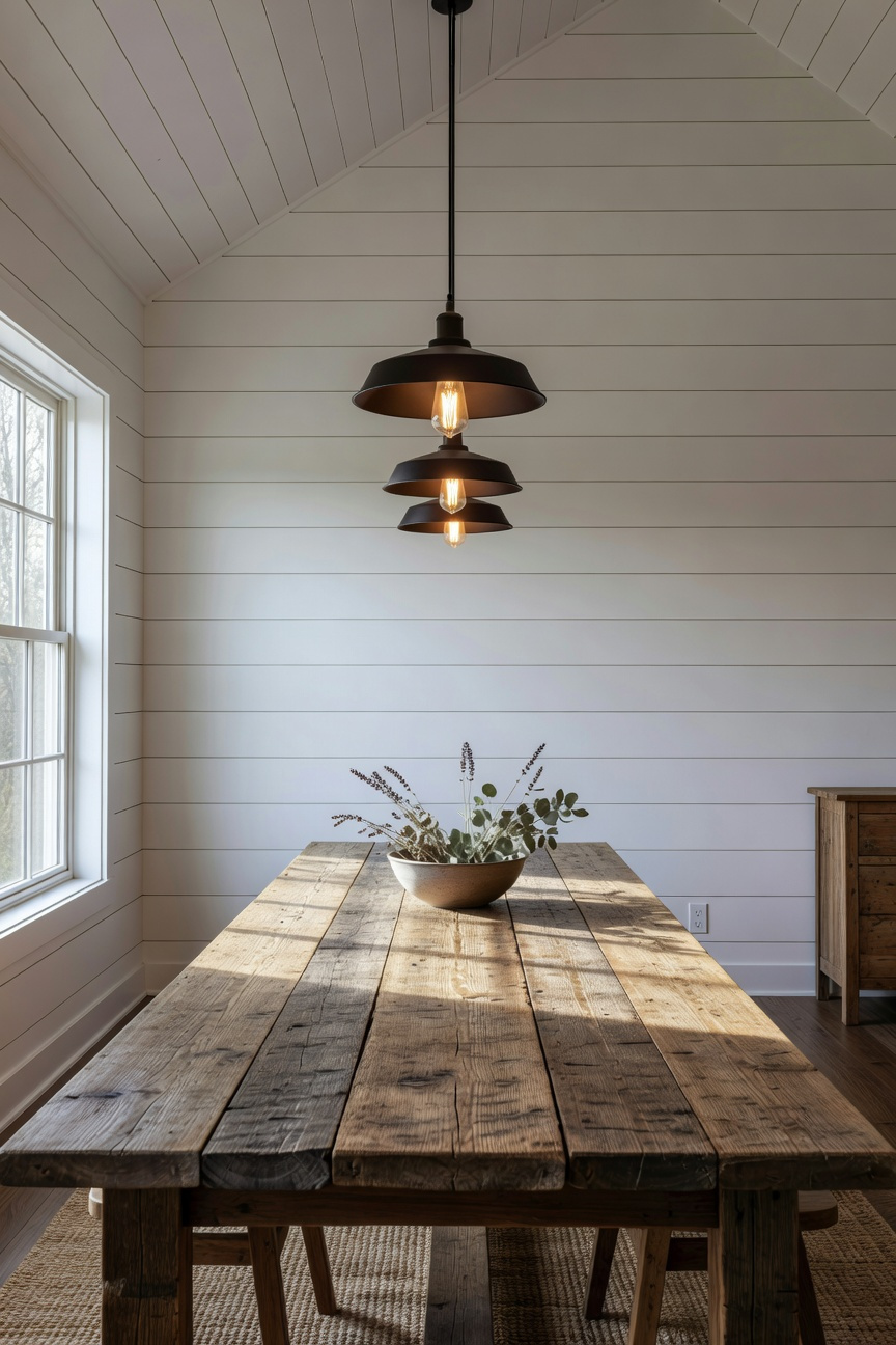 A trio of black metal pendant lights hanging in a symmetrical row over a long wooden harvest table in a modern farmhouse dining room.