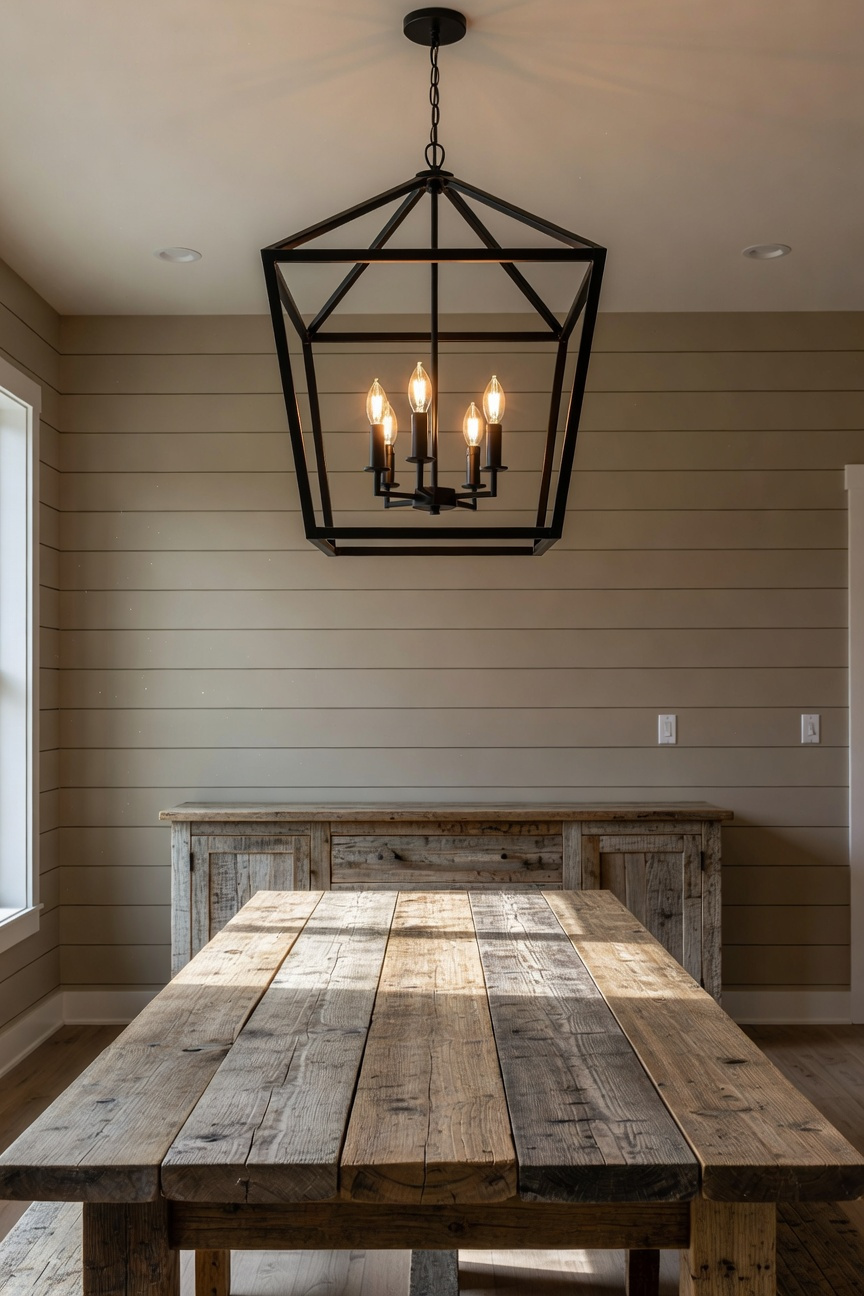 A bright farmhouse dining room featuring a long wooden table anchored by a perfectly scaled black geometric lantern light fixture.