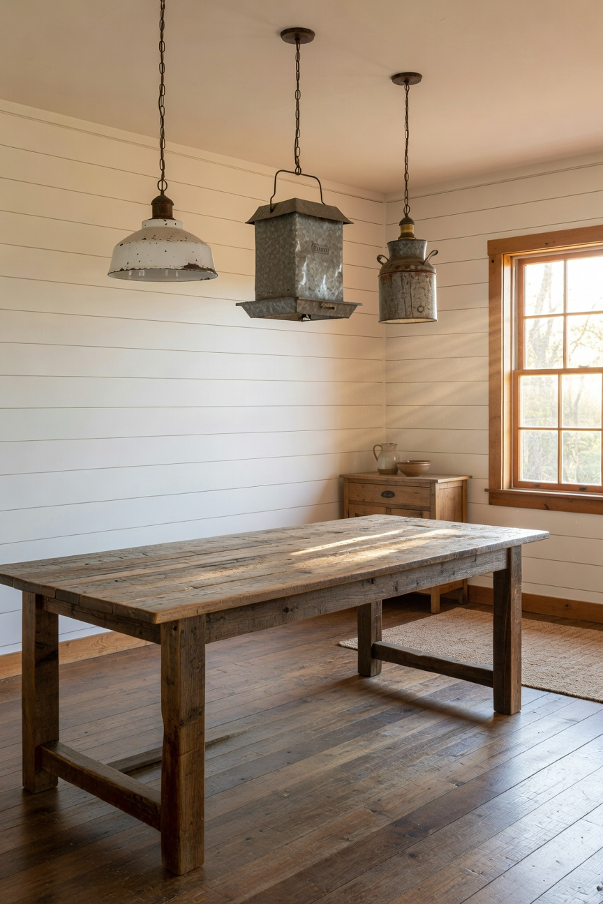 A bright farmhouse dining room featuring a reclaimed wood table and unique pendant lighting made from repurposed vintage metal barn shades and chicken feeders.