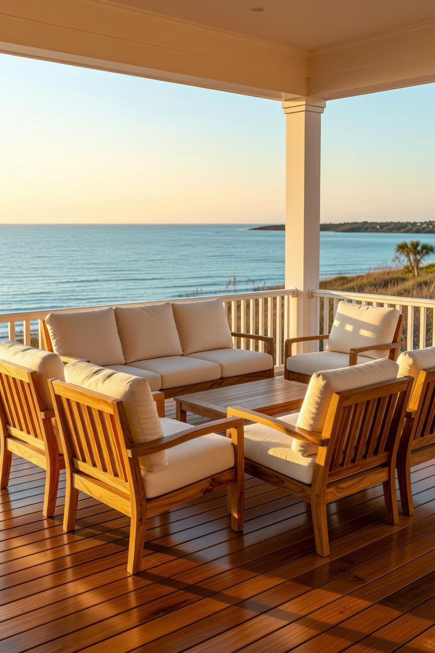 A complete set of Grade-A teak porch furniture overlooking a calm ocean at sunset.