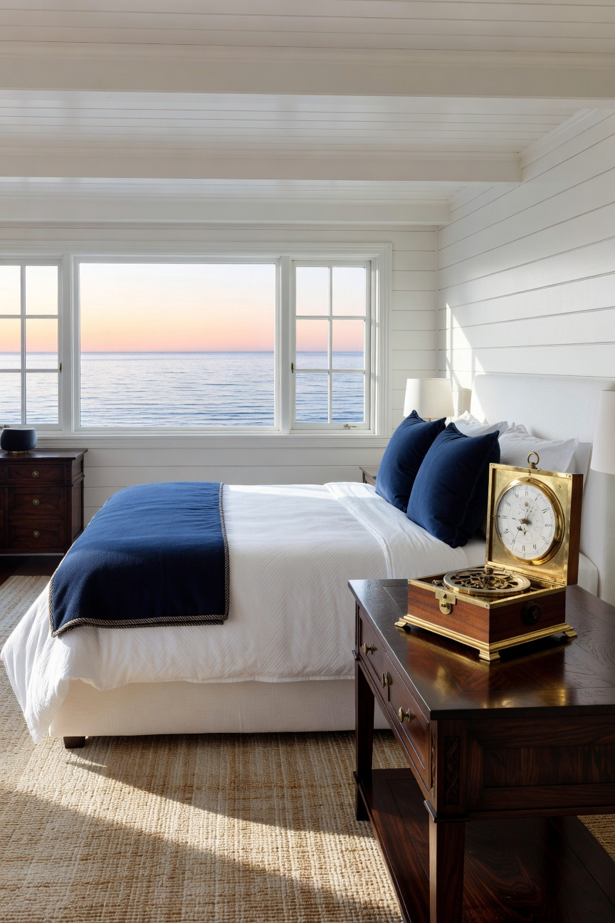 Sophisticated coastal bedroom interior featuring a vintage marine chronometer and ocean views.