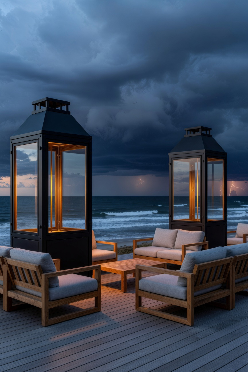 Two large black hurricane-resistant lanterns glowing on a modern coastal porch with high-end teak furniture at dusk.