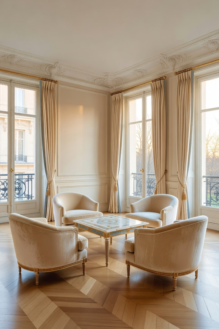 A luxurious living room featuring a circular arrangement of four cream velvet bergere chairs around a marble coffee table to facilitate conversation.