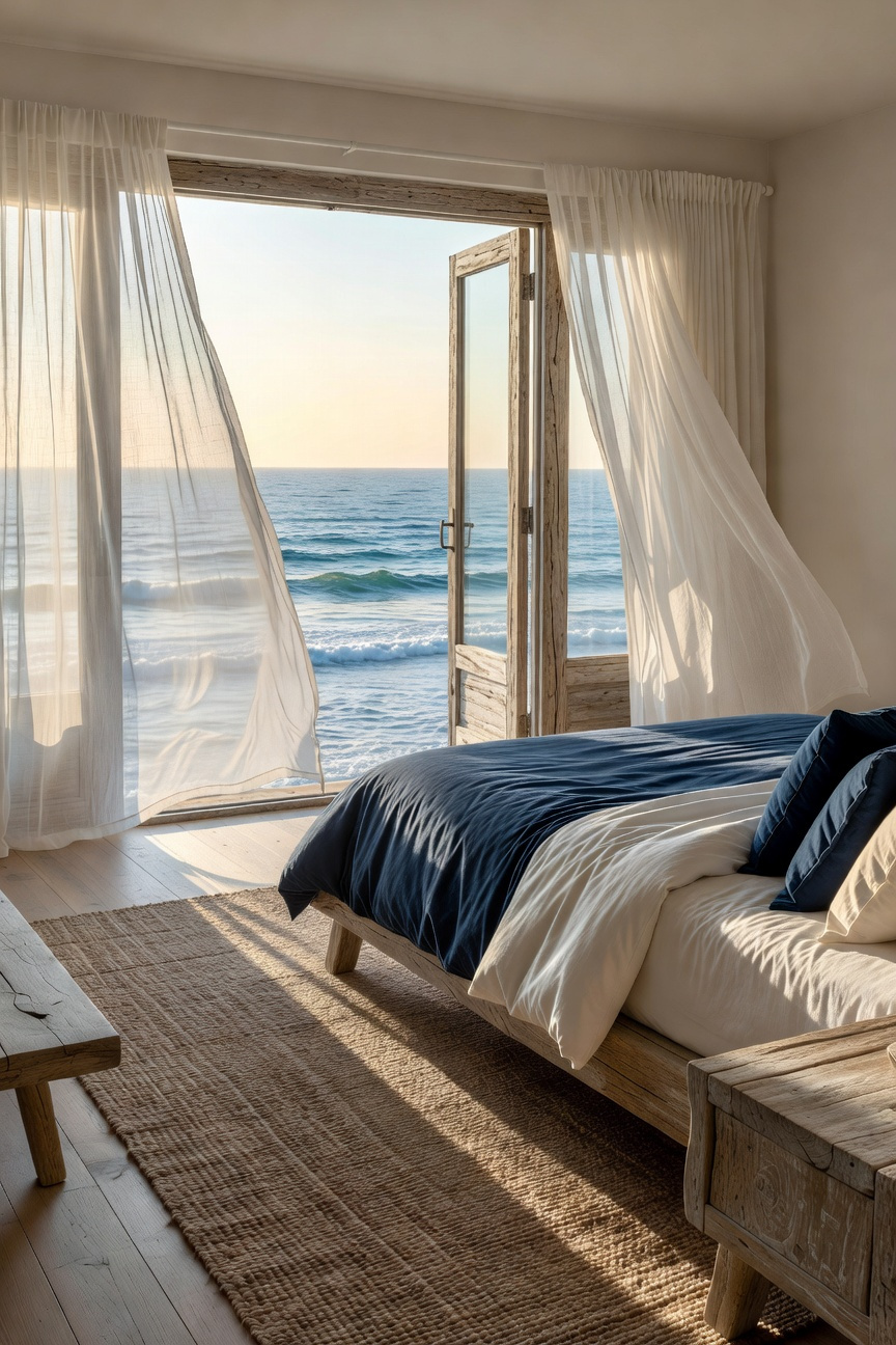 A bright coastal bedroom with performance fabric bedding and open windows overlooking the sea.