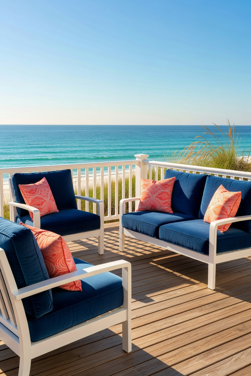 Luxury coastal porch furniture with vibrant blue and white solution-dyed acrylic upholstery overlooking a sunny ocean view.