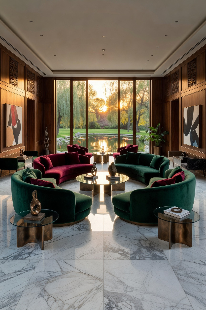 A luxurious modern living room featuring a circular island seating arrangement designed for social interaction under warm natural lighting.