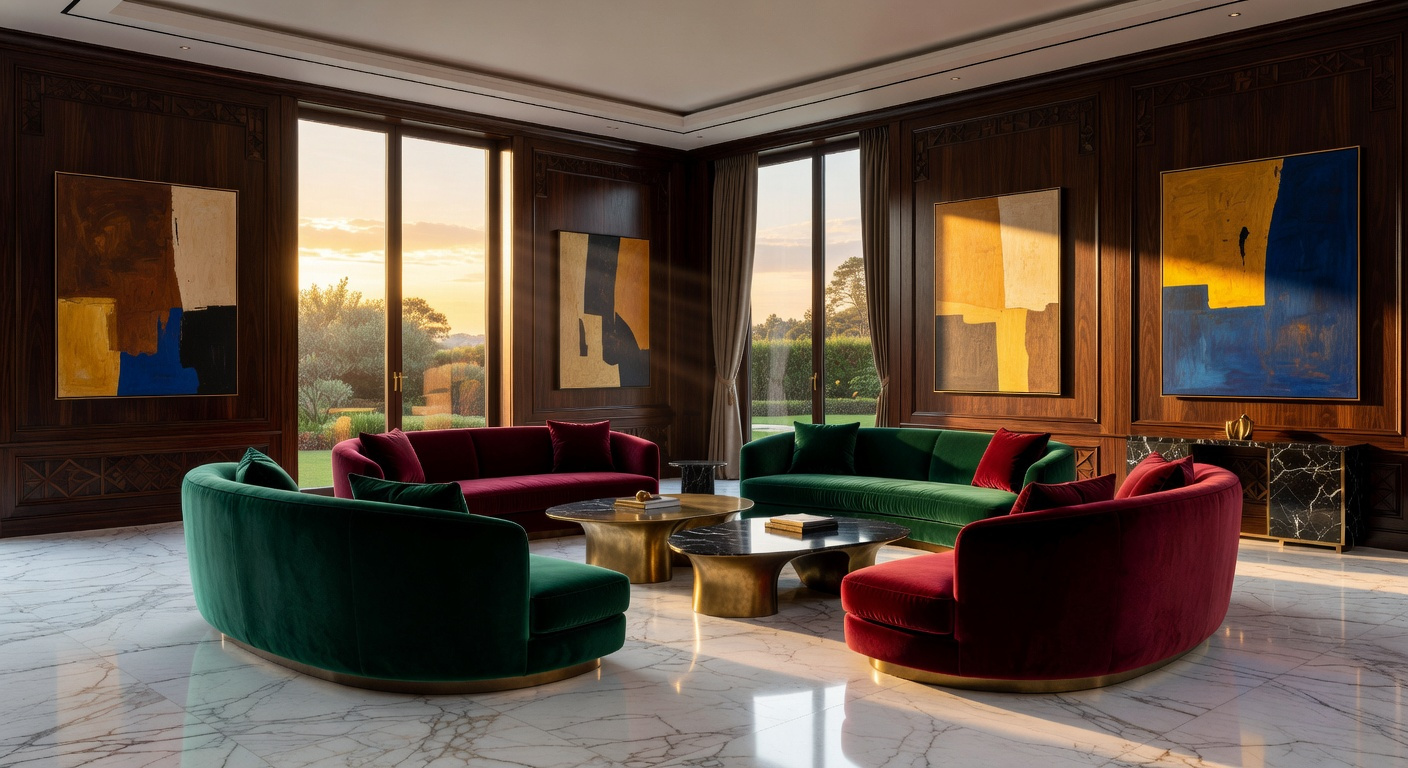 A luxurious modern living room featuring a circular island seating arrangement designed for social interaction under warm natural lighting.