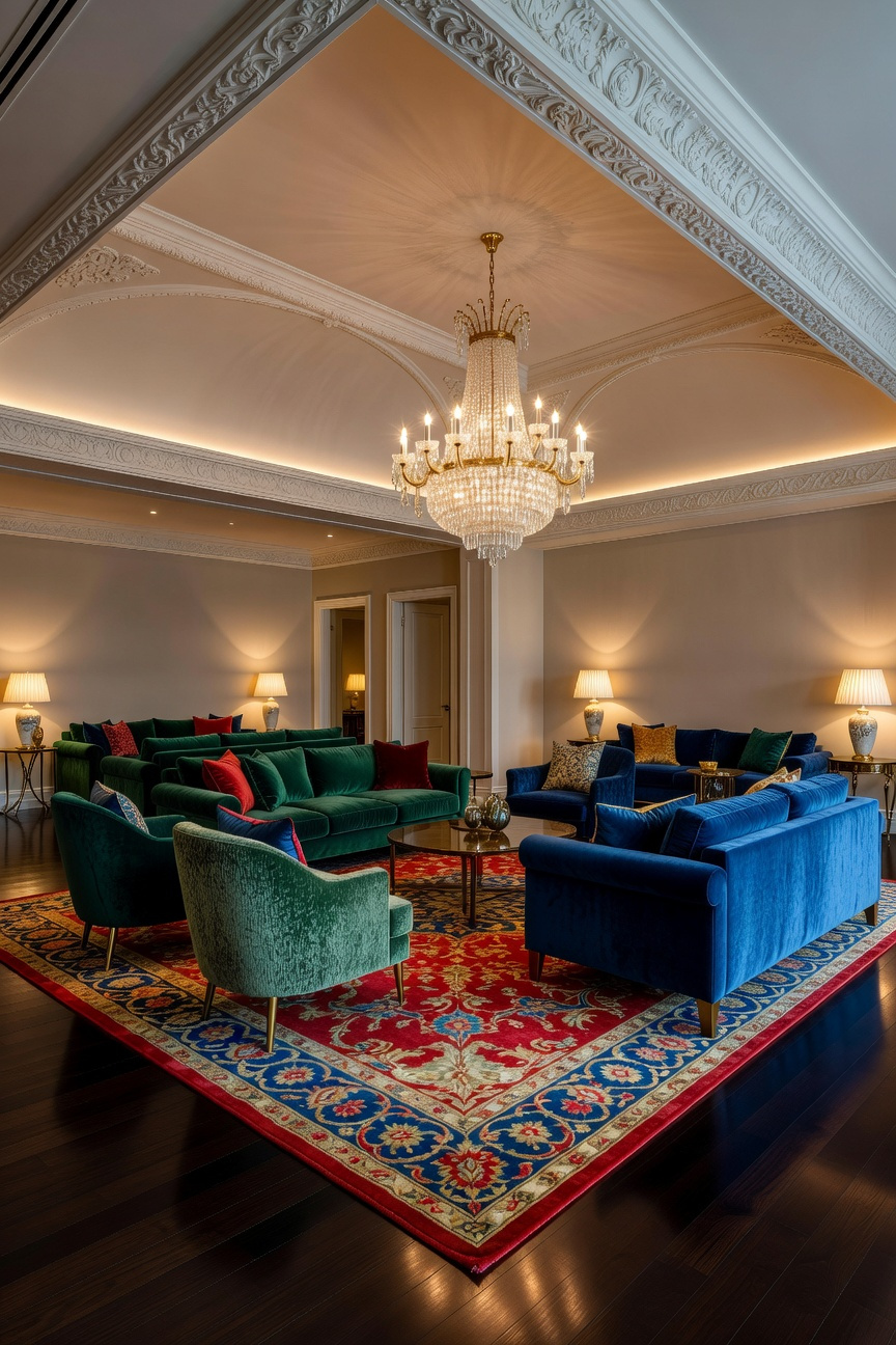 A luxurious living room style featuring a bold silk rug, velvet sofas, and intimate seating arrangements for social gatherings.