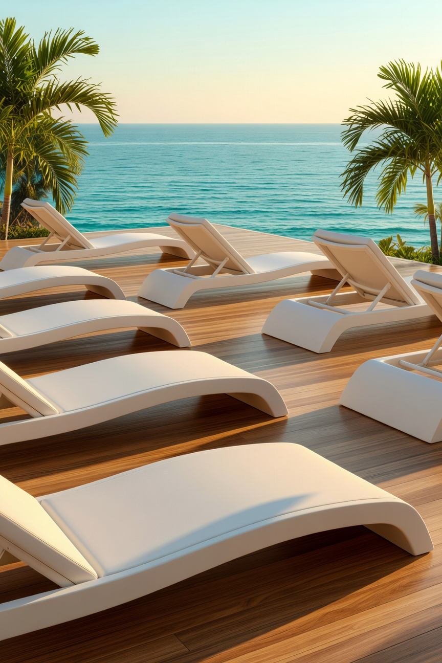 Two elegant marine-grade polymer loungers on a luxury sun-drenched porch with a view of the ocean.
