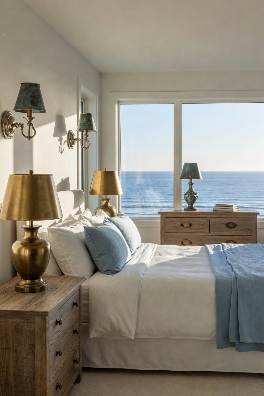 A luxury coastal bedroom featuring aged unlacquered brass lamps and bronze accents with a scenic ocean view through large windows.