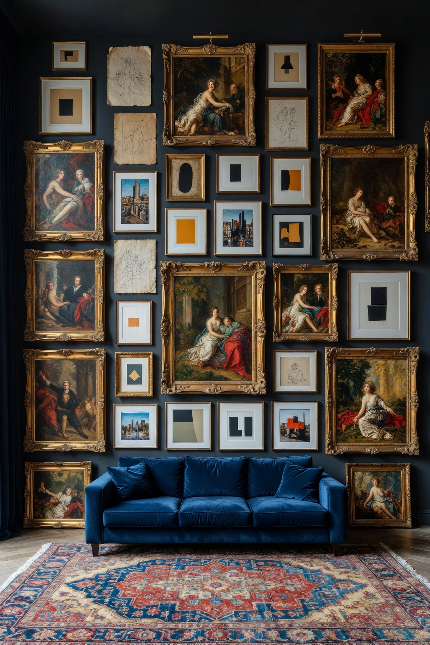 A floor-to-ceiling maximalist gallery wall in a stylish living room displaying a mix of classical and modern art pieces above a velvet sofa.