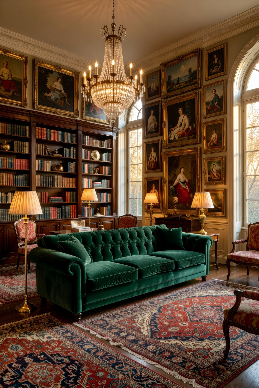 A lavish maximalist living room featuring a long emerald green velvet sofa as a centerpiece surrounded by curated art and decor.