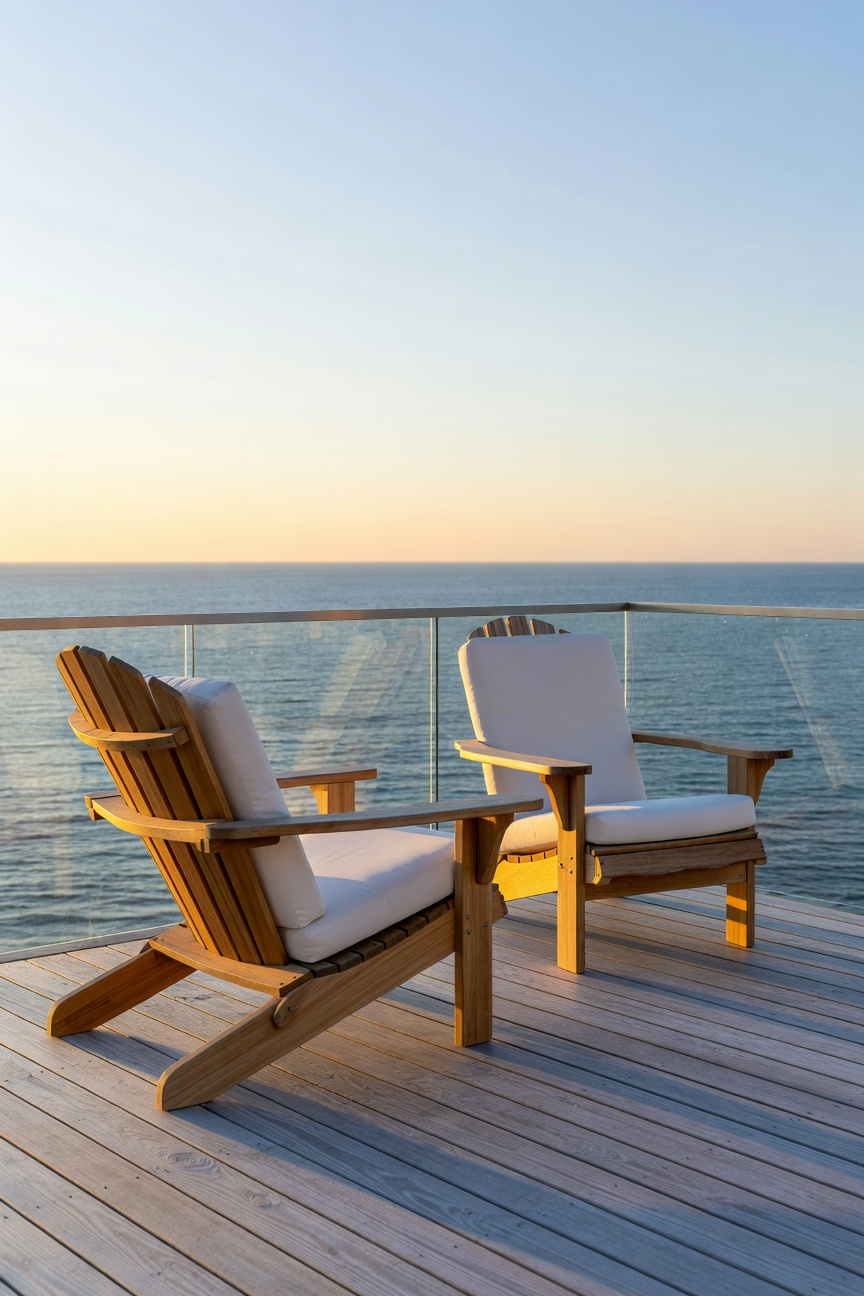 Modern low-slung Adirondack chairs on a wooden porch overlooking a vast blue ocean under a clear sky.