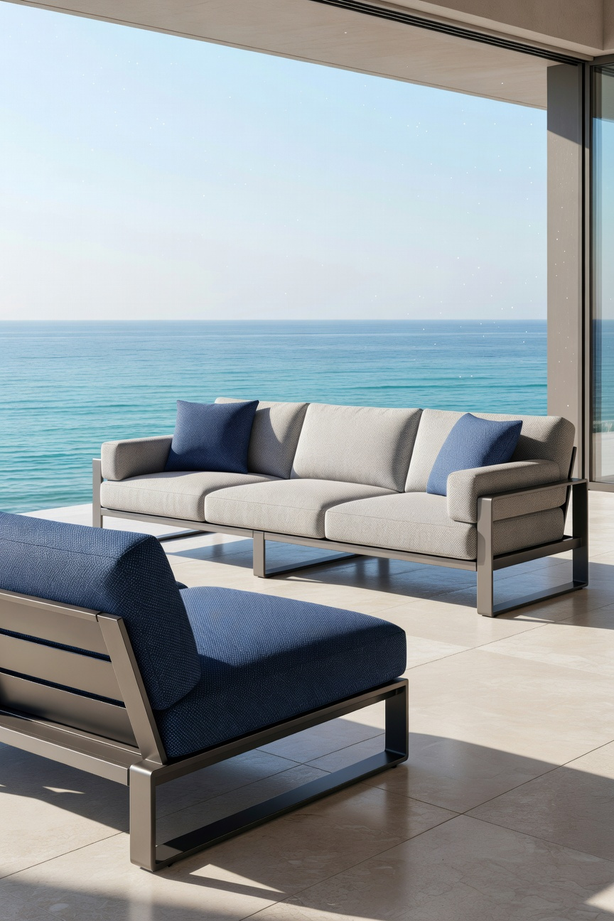 High-performance modern coastal porch furniture with moisture-wicking 3D-knitted fabric cushions on a luxury seaside terrace.